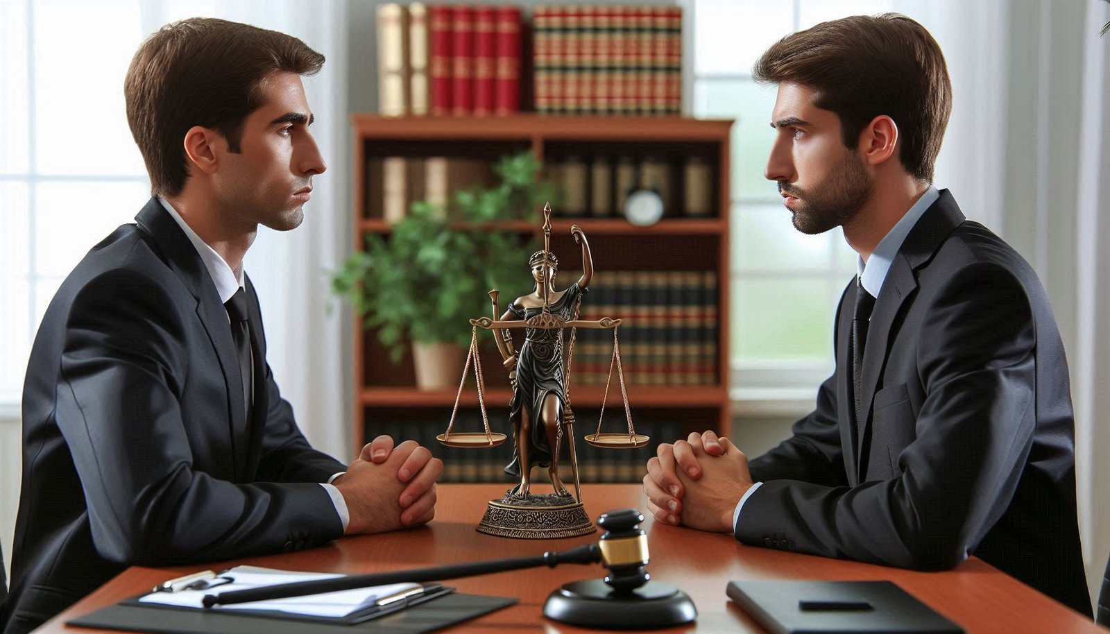 Advogados em lados opostos de uma mesa de negociação